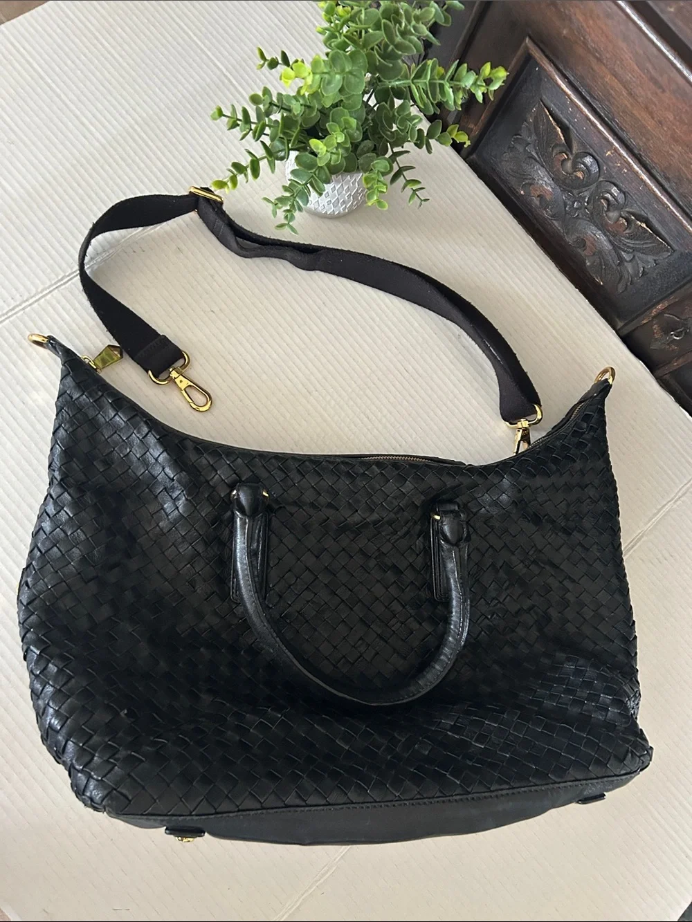 Christopher Kon Woven Leather Tote Bag with Detachable Strap - Black - Picture 12 of 15